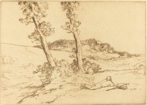 Rejsende tilbagelænet på græsset Den rejsende, der læner sig tilbage på græsset. af Alphonse Legros