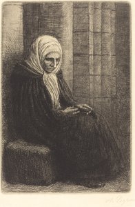 Kvinde siddende mod en væg, barn med hovedet i skødet Femme assis, muraille au fond.... af Alphonse Legros
