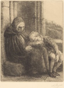 Kvinde, der sad mod en mur, barn med hovedet i hendes skød Femme Assise, Muraille .... af Alphonse Legros