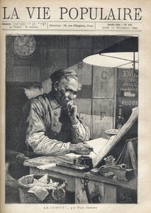 En koncentreret kopist, der arbejder på sit kontor. Illustration af Alfons Maria Mucha (Alphonse Marie Mucha af Alphonse Mucha
