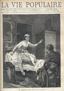 En tynd gammel mand med et emacie-ansigt strækker sig, hans jakkesæt, hans sko og en karnevalsmaske slæber sig nær hans ble (en lakenjete på en sofa) i "La Vie Populaire" af Alphonse Mucha