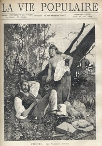 En ung kvinde, decoiffee, denudee, tilsyneladende kiste, læner sig med selvtillid og sjov mod en maler, der ligger og sover midt i naturen, jakke, hat, materiale og pibesparpiller på gulvet. Illustration af Alfons Maria Mucha (Alphonse Marie Mucha af Alphonse Mucha
