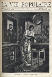 En elegant kvinde vokser en sko i køkkenet i et hus. En mand åbner døren bag hende. Illustration af Alfons Maria Mucha (Alphonse Marie Mucha af Alphonse Mucha