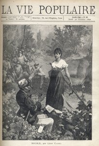 En gammel mand læser et brev til en smuk ung bonde, der holder en falsk (reaper). Jægere ser scenen i det fjerne. Illustration af Alfons Maria Mucha (Alphonse Marie Mucha af Alphonse Mucha