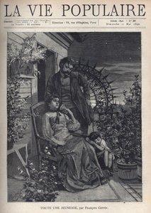 Om natten, på en blomstrende altan, er en familie samlet omkring moderen, der sidder på en lænestol og holder sin mands hånd bag hende, både ser trist og skudt ud. For deres fødder, hans hoved hviler på sin mor, et siddende barn sover, en åben bog le af Alphonse Mucha