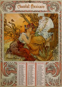 Chokolade Masson-kalender illustreret af Mucha (1860 – 1939). en tjekkisk art nouveau-maler af Alphonse Mucha