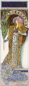 Underholdning. Gismonda, skuespil af Victorien Sardou med Sarah Bernhardt på Theatre de la Renaissance, Paris. Plakat af Mucha, Frankrig