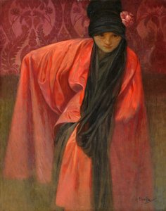 Pige i rødt par Mucha, Alfons Marie (1860-1939), ca. 1914 - Tempera på lærred, 60,5x47 - Privat samling af Alphonse Mucha