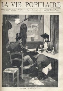 På en restaurant er en mand og en kvinde adskilt og spiser aftensmad. Tjenestemanden sidder på hug ved manden og installerer en varm mursten under hans fødder. Illustration af Alfons Maria Mucha (Alphonse Marie Mucha af Alphonse Mucha