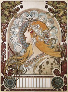 MUCHA, Alphonse Maria (1860-1939). Stjernetegn. 1896. (67 x 48 cm). Plakat og kalender, der reklamerer for magasinet "La Plume"" (Fjeren). Modernisme. Litografi