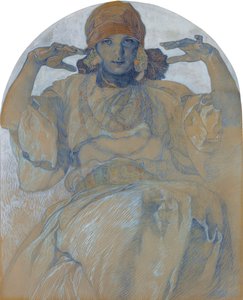""Portræt af kunstnerens datter Jaroslava Muchova (1909-1986)"" (Portræt af kunstnerens datter, Jaroslava) Maleri af Alphons Mucha (1860-1939) - ca. 1924 Dim 51x41 cm Privat samling af Alphonse Mucha