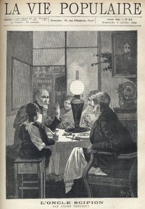 Scene i familielivet: omkring middagsbordet er en familie samlet, oplyst af en olielampe og lytter nøje til en besøgende onkel, med klare øjne og hånd, der markerer højdepunkterne i hans historie. Illustration af Alfons Maria Mucha (Alphonse af Alphonse Mucha