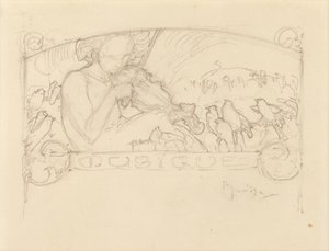 Studie af en kvinde, der spiller violin, af Alphonse Mucha