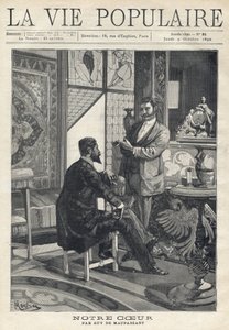 To mænd, den ene siddende og den anden stående, står over for hinanden og er i fuld snak og ryger cigaretter i en rigt dekoreret stue (mosaikvinduer, møbler, kunstgenstande). Illustration af Alfons Maria Mucha (Alphonse Marie Mucha af Alphonse Mucha