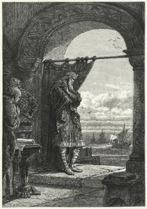 Karl den Store ser spændt på, hvordan skibe nærmede sig med normanniske raiders (gravering) af Alphonse Marie de (after) Neuville