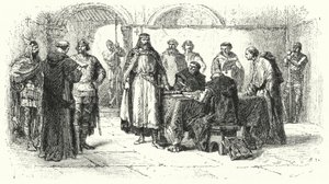 Proklamation af katolicismen som religionen i det gotiske kongerige i Spanien ved det tredje råd i Toledo, 589 (gravering)