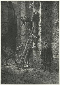 Protestanter ødelægger en statue af Jomfruen og Barnet på Notre Dame, Paris