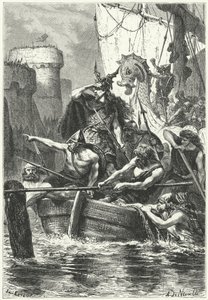 Den normanniske flåde angriber Paris, 885 (gravering) af Alphonse Marie de (after) Neuville