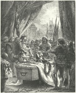 Kommandanten af Chateauneuf de Randon lægger nøglerne til byen på Bertrand du Guesclins kiste af Alphonse Marie de (after) Neuville