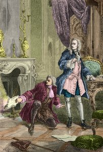 Charles Jean Francois Henault redder manuskriptet til La Henriade, som Voltaire havde smidt i ilden (Kobberstik) af Alphonse Marie de Neuville