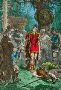 Chlodwig foran den kriger, han lige har dræbt efter Soissons-vasen (kobberstik) af Alphonse Marie de Neuville