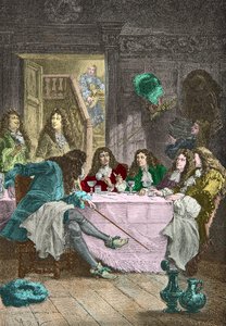 Jean de La Fontaine, Nicolas Boileau Despreaux, Moliere og Racine spiser i en kabaret (Kobberstik) af Alphonse Marie de Neuville