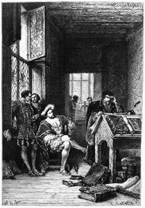 Kong Frans I af Frankrig i Robert Estiens værksted, tryk udført af C. Laplante, illustration fra "Frankrigs historie" af Francois Guizot, udgivet i 1879 af Alphonse Marie de Neuville