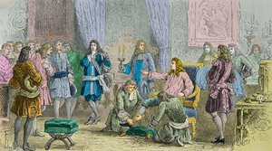 Ludvig 14.s opstandelse i overværelse af hoffolkene (Gravering) af Alphonse Marie de Neuville