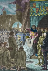 Philippa de Hainaut beder Edward 3. af England om at skåne borgerne i Calais i 1347 (Kobberstik)