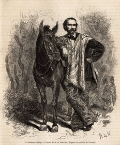 Portræt af Dr. Saffray, arme på sit bjerg, i rejsedragt, gravering efter tegningen af A. de Neuville, illustrerende rejsen til New Granada, af Dr. Saffray, i 1869, udgivet i "" Le tour du monde"" ” 1873, redigeret af Edouard Charton, Hachette editi af Alphonse Marie de Neuville