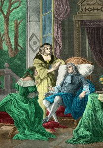 Duc de La Rochefoucauld i samtale med Madame de Sevigne og Madame de La Fayette (Kobberstik) af Alphonse Marie de Neuville