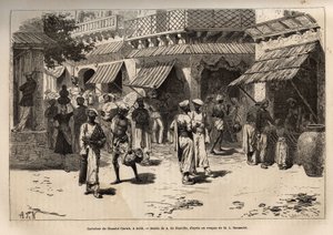 Korsvejen mellem Chandni chowk, guldormens gade, hovedvejen for kommercielle og håndværksaktiviteter, der krydser Dehli fra paladsets store port til Lahore-porten, gravering efter tegningen af A. de Neuville, der illustrerer rejsen