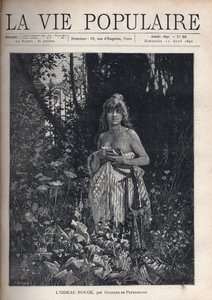 En nøgen ung kvinde, stående og decoiffe, dækker sin krop med et tæppe, omgivet af vegetation og træer, der maskerer et smedejernsgitter. Illustration af Alfons Maria Mucha (Alphonse Marie Mucha af Alphonse Mucha