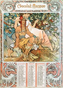 Voksenkalenderside for året 1898 dekoreret af en reklameillustration af Alphonse Mucha (1860-1939) for chokolade Masson - "" The middle age"" Reklameillustration af Alphonse Mucha for af Alphonse Mucha