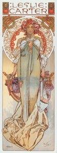 Reklameillustration af Alphonse Mucha, der repræsenterer sceneskuespillerinden Leslie Carter i hendes nye skuespil "" Kassa" - 1908 Dim 78x209 cm Privat samling af Alphonse Mucha