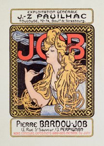 Reklameplakat for cigaretpapir Job skabt af Alphonse Mucha (1860-1939) 1900 - Søn 12x8 cm Reklameplakat for cigaretpapir Job udgivet af Alphonse Mucha, 1900 - Privat samling