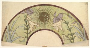 Design til en vifte med solstråler, liljer og iris, slutningen af det 19. - midten af det 20. århundrede af Alphonse Mucha