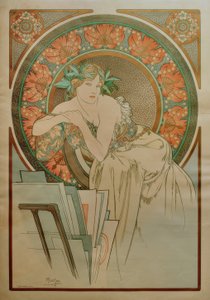 Kvinde med valmuer og grafisk portfolio af Alphonse Mucha