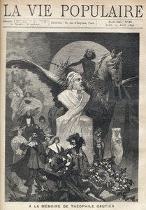 Til minde om Theophile Gautier (1811-1872). Omkring en buste af forfatteren løber karaktererne i kostume af hans værker med tristhed og værdighed, under blikket af et barn, der kroner laurbær, ridende på en vinghest. Illustration af Alfons Maria Mucha (Alp af Alphonse Mucha