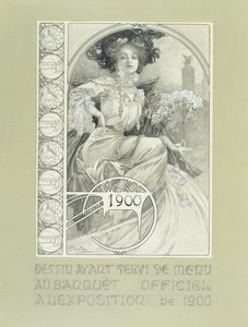 Official Banquet of the Paris International Exhibition 1900. Design for the menu.dani af Alphonse Mucha