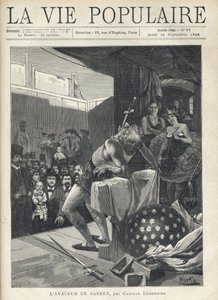 På scenen i et omrejsende teater ser publikum forsamlet på nummeret på en sabelsvale, på dens sider, skjult af scenetæppet, iagttager to kunstnere den med et smil. Illustration af Alfons Maria Mucha (Alphonse Marie Mucha af Alphonse Mucha