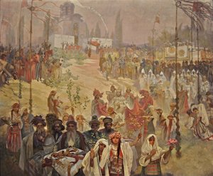 Kroningen af den serbiske zar Stefan Dusan som østromersk kejser Cyklus Det slaviske epos af Alphonse Mucha
