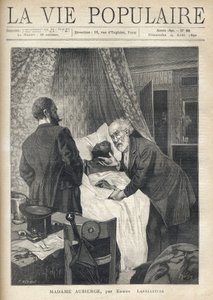 To mænd læner sig over en seng for at se en mands død. Ved døren ser andre mænd på scenen. Illustration af Alfons Maria Mucha (Alphonse Marie Mucha af Alphonse Mucha