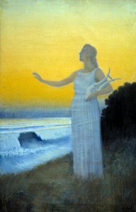 Hymne til havet Ung kvinde holder en lyre ud mod havet. Karakter, der fremkalder den græske digterinde af Antiquite Sapho. Maleri af Alphonse Osbert (1857-1939) 1900 privat samling