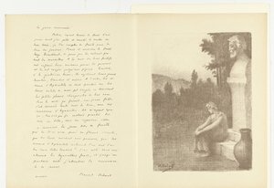 Illustration med en kvinde, der sidder nær en buste af en mand og en vandkande med digtet La jarre couronnée af Marcel Schwob Illustration pour La jarre couronnée af Marcel Schwob L