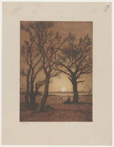 Landskab med får ved solnedgang Aftenlandskab med får i Drenthe af Alphonse Stengelin (signed by artist)