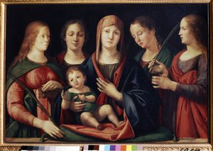 Jomfruen og barnet med Marie Madeleine Sainte Catherine og to helgener (Madonna og barnet med Maria Magdalena, Saint Catherine og to helgener). Maleri af Alvise Vivarini (cirka 1446-cirka 1505). Olie på lærred, 89 x 129 cm