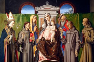 Madonna og barn troner med de hellige Ludvig af Toulouse, Anthony af Padova, Anne, Joachim, Frans og Bernardino af Siena