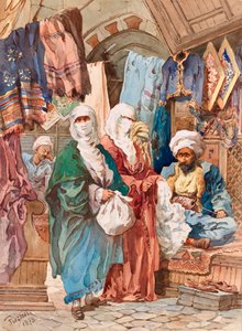 Silkebasaren (orientalsk marked, souk, silkevarer) - Silkebasaren - Af Amedeo Preziosi (1816-1882), Akvarel på papir (41x30 cm) - Pera Museum, Istanbul af Amadeo Preziosi