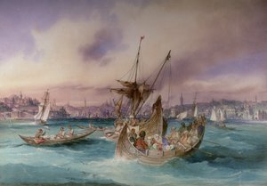 Indgangen til Det Gyldne Horn, Konstantinopel (wc på papir) af Amadeo Preziosi